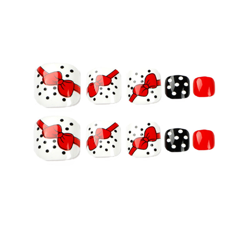 Black And White Dotted Red Bow Toenail Press-Ons