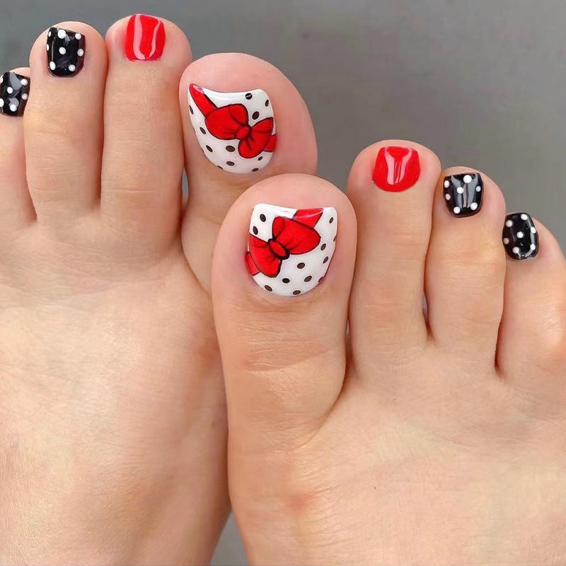 Black And White Dotted Red Bow Toenail Press-Ons