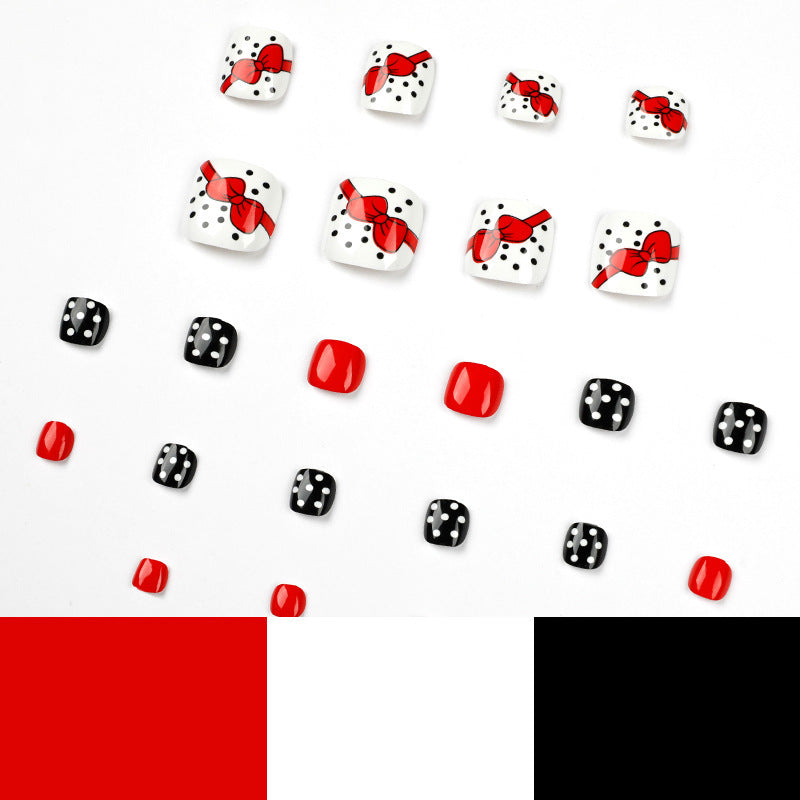 Black And White Dotted Red Bow Toenail Press-Ons